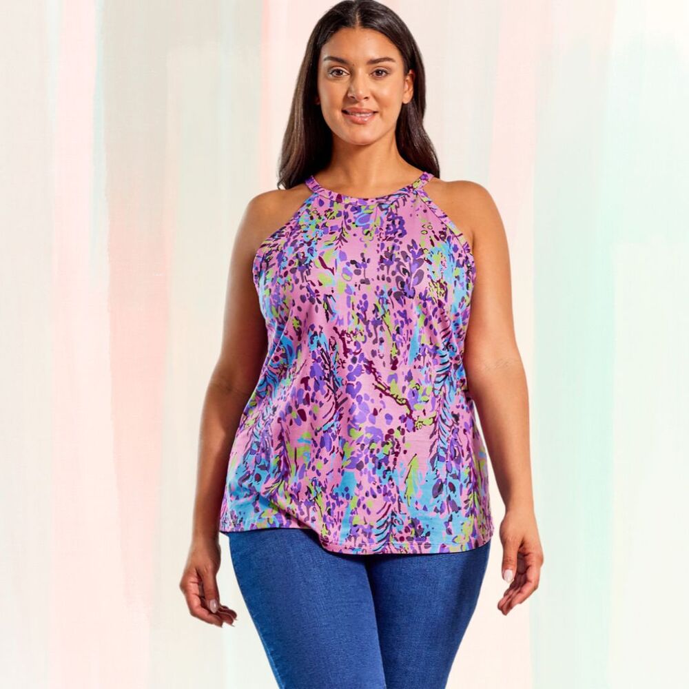 Boutique Halter Neck Abstract Watercolor Floral Tank 1x 2x 3x Bohemian Vibe Top